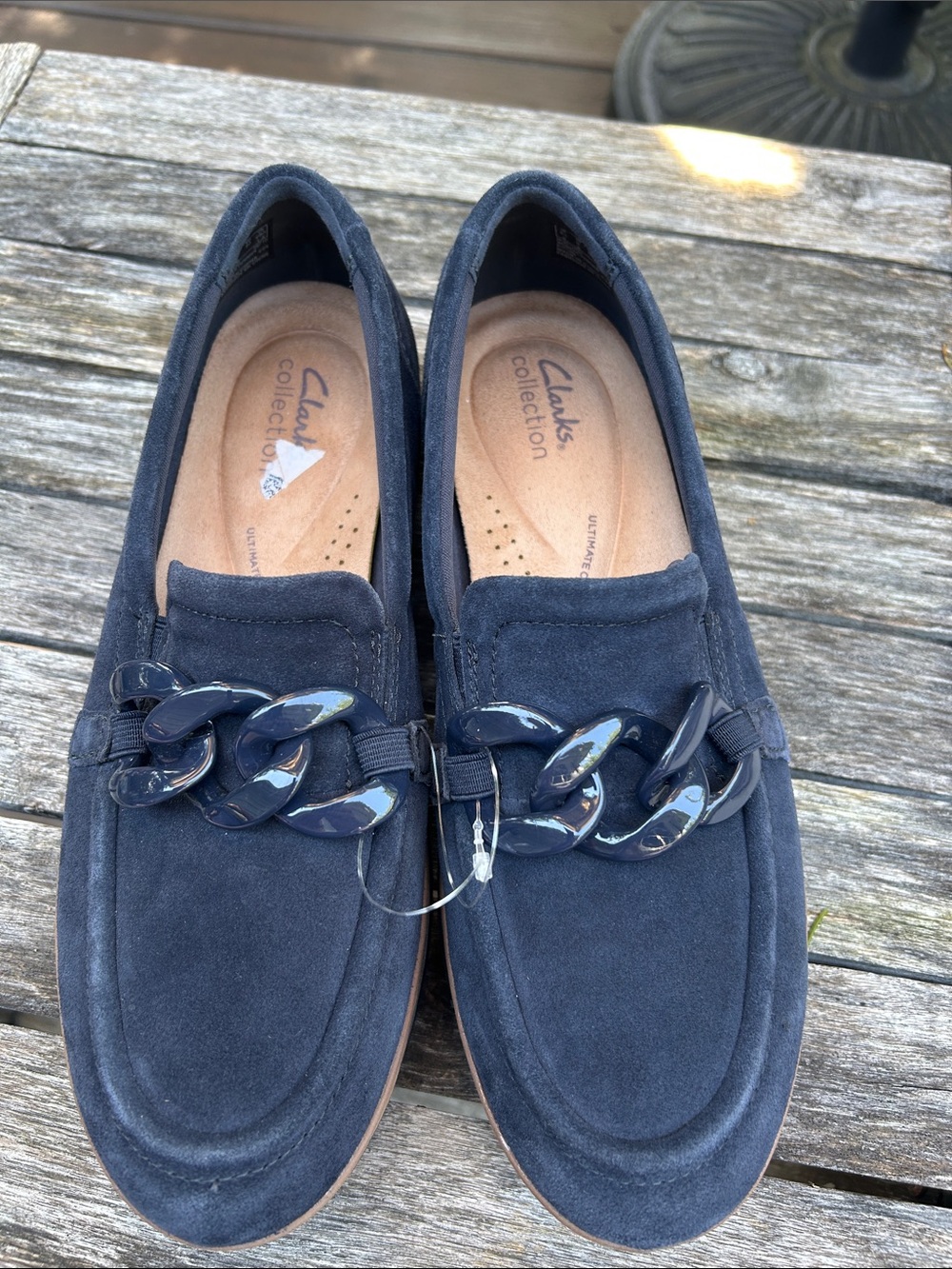 Clark’s Navy Suede Chain-Trim Loafers women, worn once